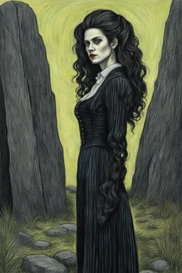 create a 3/4 profile full body oil pastel of a dark haired, , raggedly dressed, savage gothpunk vampire girl with highly detailed , sharply defined hair and facial features , in a dark circle of standing stones , in the style of JEAN-FRANCOIS MILLET and MARY CASSATT