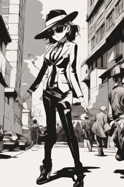 manga, anime, drawing, art, cartoon, perfect body, perfect hands, perfect face, perfect eyes, perfect arms, perfect cowboy hat, mafia woman, female mafia,, short hair pixie cut shaved side, black suit and tie, sunglasses, badass, cool, attractive