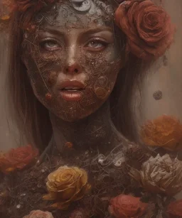 an abstract painting of rusted metal and flowers, portrait, rust, scaffolding, iron cladding, decay, mixed media, textured, anatomically correct, beautiful perfect face, sharp focus, highly detailed