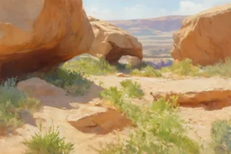 Sunny day, rocks, big rocks, vegetations, distant mountains, sci-fi, anton romako, and ferdinand hodler paintings