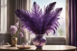 a beautiful, lifelike feather bouquet in purple with a lifelike eye in the centre in a beautifu vase in an elegant room S<AI Nikon D850 highly detailed digital painting sharp focus elegant intricate photorealistic 4k very attractive beautiful dynamic lighting award winning fantastic view crisp quality Unreal Engine very cute cinematic postprocessing acrylic art in sunshine