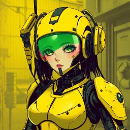 a feminine cyborg android, yellow, black, post apocalyptic, fallout, dystopia, neon vintage anime