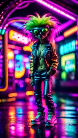 sexy stunt funky punk hippy hairy alien pimp tap dancer fashion gremlin in telephone both parked in dark neon lit reflective wet arcade hall tunnel,bokeh like f/0.8, tilt-shift lens 8k, high detail, smooth render, down-light, unreal engine, prize winning