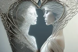 double exposure, merged layers, woman shaped silver wire mesh, real pearl and driftwood, contemplative gaze into the distance, heart and love, waterfall, dreamlike composition, front illuminated, silver glitters