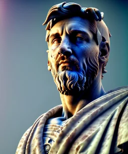 Realistic image, roman sculpture, marble material, Lionel Messi model, miguel angel style, God light, god rays, 4k resolution, intricate details, ornate details, soft lighting, unreal engine 5, soft cyan background.