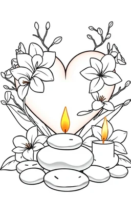 outline art for visually rich appealing heart in orchids plumeria rounded stones candles, ikebana style, coloring page for kids, white background, fit to page, only use outline, clean line art, no shadows, clear and well outlined
