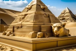 A tan sandbox with a sphinx and pyramid temples painted by Leonardo da Vinci