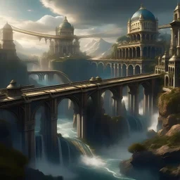 ville fantastique avec une académie colossale au centre avec un pont menant à l'entrée et une chute qui tombe d'en haut
