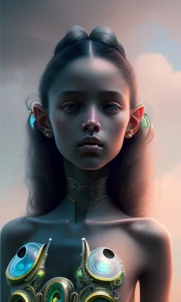 young girl, cute, beautiful, long curly hair, black hair, green alien skin, big flat nose, black eyes, big eyes, turquoise dress, head and shoulders portrait, 8k resolution concept art portrait by Greg Rutkowski, Artgerm, WLOP, Alphonse Mucha dynamic lighting hyperdetailed intricately detailed, avatar pandora