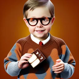 Peter billingsley chubby kid Tortoise-shell glasses, Holding a ((dark red soap bar)) in his hand, brown argyle sweater