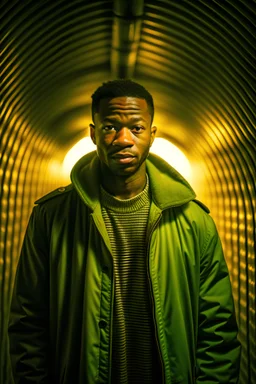 a man in a jacket standing in a tunnel, in the style of portraits with soft lighting, harlem renaissance, jagged edges, uhd image, drugcore, portraitist extraordinaire