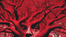 red tree, highly detailed, beautiful desktop wallpaper, comic style, many human faces on tree