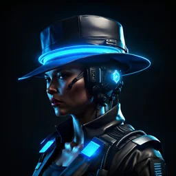 simple cyberpunk hat, blue lighting, black background, video game asset