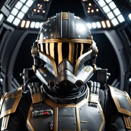 star wars bald male corellian pilot wearing gunmetal grey and black First Order special forces TIE pilot armored flightsuit and helmet with gold trim inside the jedi temple, centered head and shoulders portrait, hyperdetailed, dynamic lighting, hyperdetailed background, 8k resolution, volumetric lighting, light skin, fully symmetric details