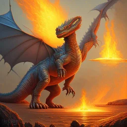 dragon kaiju, dnd dinosaur, fire lizard, flame crocodile, explosion, glowing by gerald brom thomas kinkade