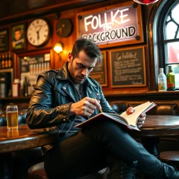 A very angry and bitter punk rocker sitting on a pub looking very angry, writing in his notebook new songs for his punk rocker band, a sign wit "FOLKE IN BACKGROUND