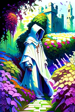 Castle hedge maze with multicolored flowers and hooded figure in white robes rpg art painterly