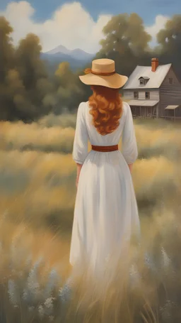 Painting of Anne Shirley standing from behind in a field, wild flowers, oil painting, beautiful painting, dream, farm, Anne Shirley standing from behind, inspired oil painting by Bob Ross