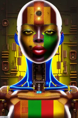 african portrait in rusted clocks, clock on face, rust, scaffolding, ghana colours, cyberpunk, high detail