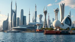 The image depicts a futuristic urban landscape with a diverse array of architectural structures against a serene waterfront backdrop. The scene features a variety of unique buildings, including towering skyscrapers made of glass and metal, cylindrical structures, and artistic monuments resembling sculptures. There are also distinctly shaped towers, some with intricate details, and various geometric forms creating visual interest. Nearby, large containers are visible along the water’s edge. The o