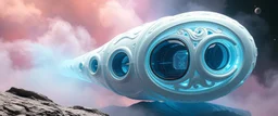 celtic knot hollow tube transparent core ornate indented space ship, shiny bright mega ship snail flourescent white blue like bubble gum with a few big windows and decks, interdimensional twister, rock against colored spaced fog, space interior