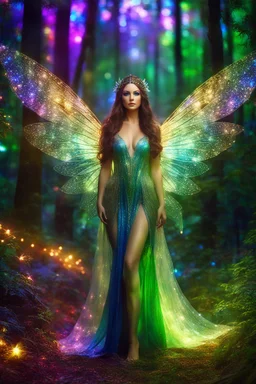 Front view photoshoot Gorgeous Photography Ultra Realistic Natural Skin Beauty, Beautiful Fairy woman straddle wings with gown shiny brown flowing hair, glitter colorful fairy wings, lovely glowing green eyes, surrounded by magical colorful forest and flickering lights, digital photography, kaleidoscope, vibrant colors, vivid colors, colorful,in midnight magic lights forest ,full sparkling light, close-up portrait