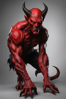 Realistic malevolent devil leaning forward at an angle facing left, posed as if over a person's shoulder, red skin, horror style, no other person.