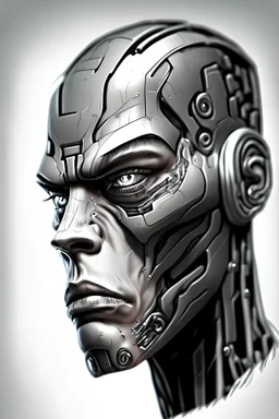 face of cyborg seen from the side in 3d with bad expression drawn style