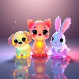 Adorable colored translucent 3D trio — a small dog, a cat, and a rabbit — in cute chibi proportions, made of glowing jelly-like glass material, soft pastel and neon color gradients, big expressive eyes, sparkles and light particles floating around them. Playful studio lighting, soft shadows on a reflective surface, Pixar-style render, cinema 4D, redshift, ultra-detailed, 4k.