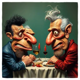 The oddest coagulation and mixture of friends, glossy finish, dine, details very accentuated, stunning style, oniric, Max Ernst, hyperphotography, kiuy, blatant, gross, caricature, very funny