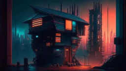 small Wooden Cabin, In cyberpunk city-skyline,