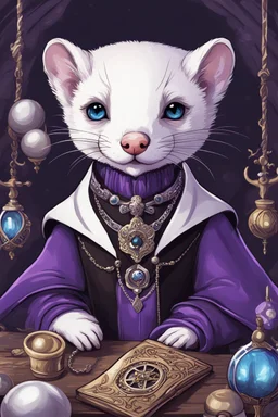 (anthropomorphic white ferret),dressed in ((cleric fantasy)) black and purple clothes with silver holy ornaments, realistic anatomy, fantasy tavern on background, mage and holy symbols around, serious face, hold holy symbol, tired face, in the style of LOISH, look at the vivewer, blue eyes, cute face, 2d, ink lines, fantasy inspire