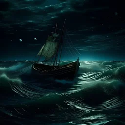 scattered broken sailing boat by swirlling curling Ocean waves surreal., night vision dramatic backlight