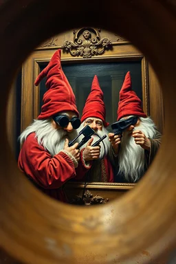 pin hole cam, master oil painting by Rembrandt, spy gnomes soap opera poster