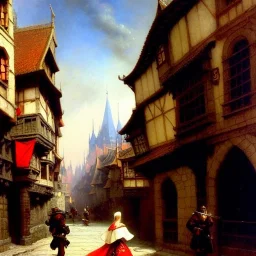 fullbody portrait 'beautiful fit busty medieval woman on street in medieval city',corset,painting by gaston bussiere, greg rutkowski, yoji shinkawa, yoshitaka amano, tsutomu nihei, donato giancola, tim hildebrandt, oil on canvas, cinematic composition, extreme detail,((fit full head inside picture)),32k