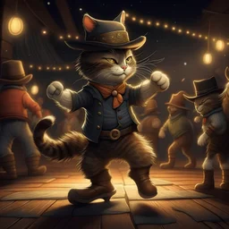 imagen del "el gato con botas" con sombrero y botas bailando en la batalla de baile en una noche