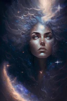 A beautifully-rendered portrait of a powerful, celestial figure, with flowing, star-studded hair and eyes that contain entire galaxies, set against a cosmic backdrop.