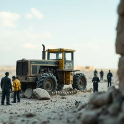 Photograph, fili, cubo, rags, daylight, brutalist, some people, red spots, miniature of a little wheel tractor-scraper, museo style, telo nero, molti teli di vari colori, powder, punto giallo,minimalist, details of the dust very accentuated, 8k, deep 3d field