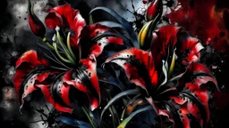 lilies ,watercolor, tattoo, red-black color, gritty