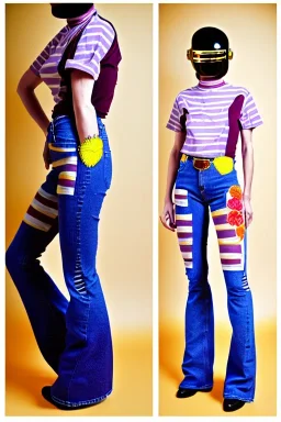 Photograph of a woman. Low waist jeans! bright blue jean,baggy, 1996!Huge plant prints on denim,terracotta,cream,purple,lilac. Cream colored latex parts. imperial yellow, red plum stripes, only on the top half of t-shirt. European daft punk woman. Mantle is sewed of recycled Denim and sewed together of recycled polymer felt. lace, Yellow(Munsell) areas. hint of orange as effect color!!Big bright purple/khaki felt tippet and cream or blue or lilac colored-hood. mantle is merged with cobalt bole