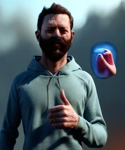 Realistic image, waist up view, a guy making the fuck you gesture with his hand, blue smoke coming out of his eyes, nose and mouth. Dress, inflatable hoodie shelter, soft color, highly detailed, unreal engine 5, ray tracing, RTX, lumen lighting, ultra detail, volumetric lighting, 3d, finely drawn, high definition, high resolution.