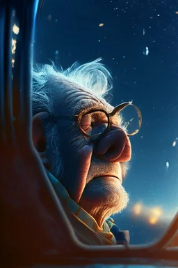 grandpa hog, with background star field seen in the window of a boat, 4 k, trending art, depth of field, in the style of gorillaz