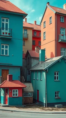 Fotografia di strada random assurda e falsa orripilante Moldavia Transnistria Adighezia weirdcore dai colori vivaci. Non luogo falso, inusuale. Max Ernst. Le case sono false e dipinte di chiaro con cose stilizzate e dettagli. Ci sono strane. , che danno un senso distopico e molto surreale, disposte in modo casuale. L'atmosfera generale sembra noiosa e onirica, con un contrasto tra elementi reali ed elementi dipinti falsi, René Magritte