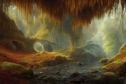 emerald river beneath incredible ancient stone arches, autumn trees, no people, by Ivan Shishkin, Ferdinand Knab, Dan Seagrave, Erik Johansson, Peter Mohrbacher, Anato Finnstark, Flavio Greco Paglia. unreal engine, bokeh sharp focus dof ultra realistic oil on canvas beautiful award winning photograph ultra detailed