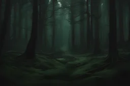 uma floresta assustadora, cores verdes escuras, inspiração game of trhones