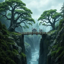 1 massive squat wooden bridge connects the over two gorge, between two tall rocky shores, sprawling, tall alien trees on both shores, log wooden houses in the distance in the background, rainy landscape, lush vegetation, massive trees,, high detailed, fantasy, cinematic