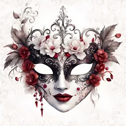 watercolor draw gothic vintage masquerade mask, dark red with flowers, white lace and rubies, white background, Trending on Artstation, {creative commons}, fanart, AIart, {Woolitize}, by Charlie Bowater, Illustration, Color Grading, Filmic, Nikon D750, Brenizer Method, Side-View, Perspective, Depth of Field, Field of View, F/2.8, Lens Flare, Tonal Colors, 8K, Full-HD, ProPhoto RGB, Perfectionism, Rim Lighting, Natural Lightin