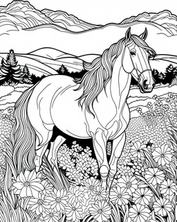 A horse with a flowing mane visiting a meadow. coloring page