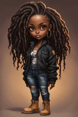 create a EXPRESSIVE OIL PAINTING image of a curvy size chibi dark skinned Black female wearing a black jean outfit with timberland boots. Prominent make up with brown eyes and lush lashes. Highly detailed dread locs