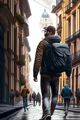 Animated drawing of a man walking in the city of Bogotá 8k hyper-realistic front view